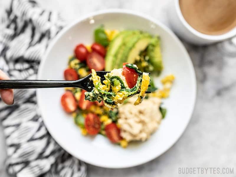 A forkful of Vegetable Breakfast Scrambles close up