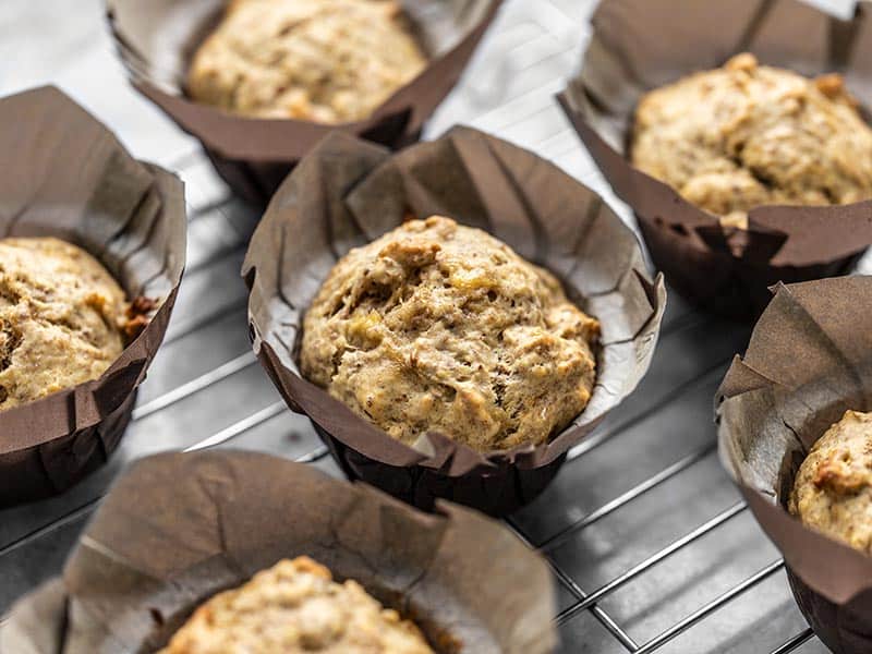 Close up shot of Banana Flax Muffins in paper liners