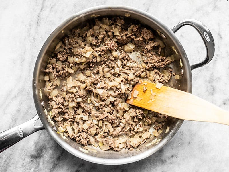 Browned Beef with Onions and Garlic in the Skillet