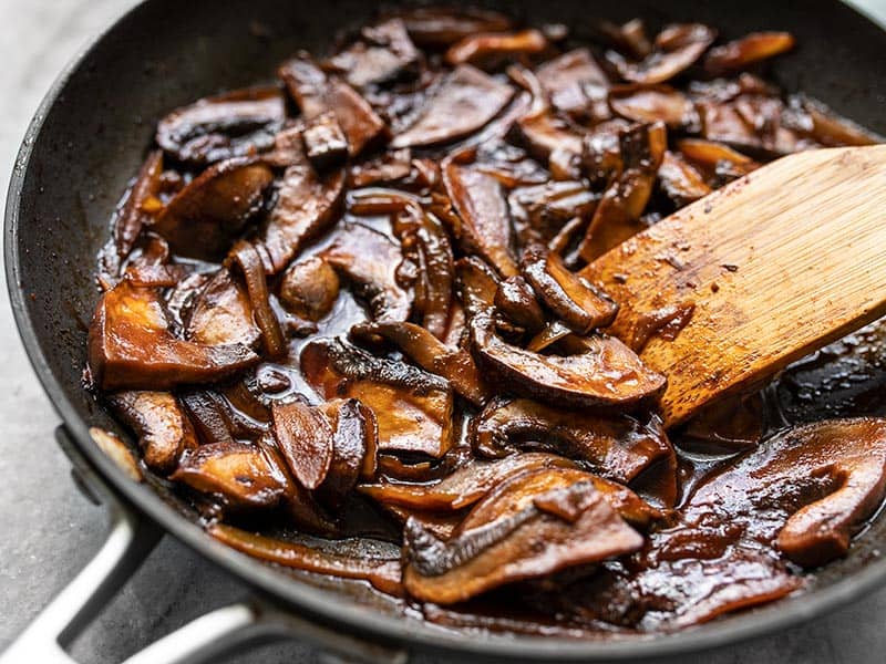 Gochujang Portobello Mushrooms in the skillet, close up