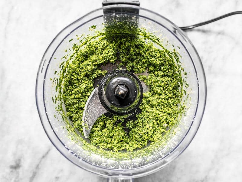 Processed Parsley Pesto with no oil in the food processor