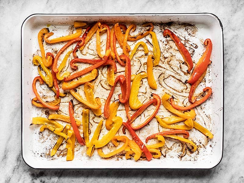 Roasted Bell Peppers on the baking sheet