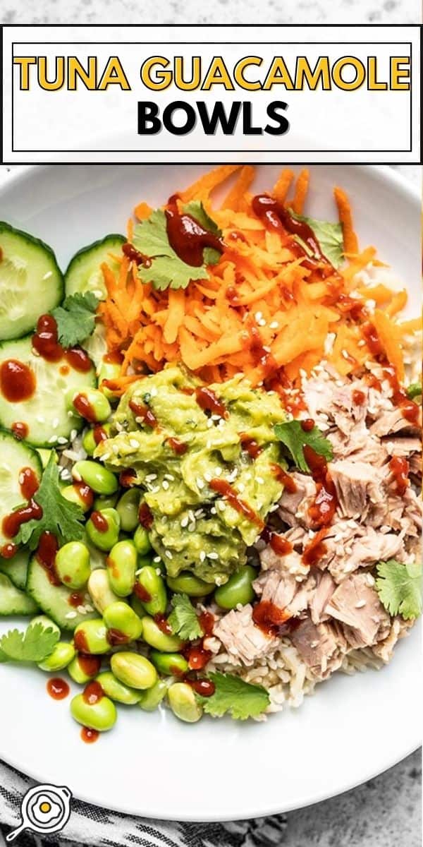 Close up overhead view of a SPicy Tuna Guacamole Bowl.