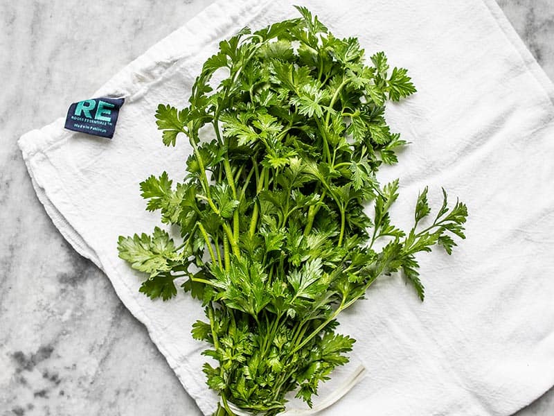 Washed and dried Parsley on a white towel