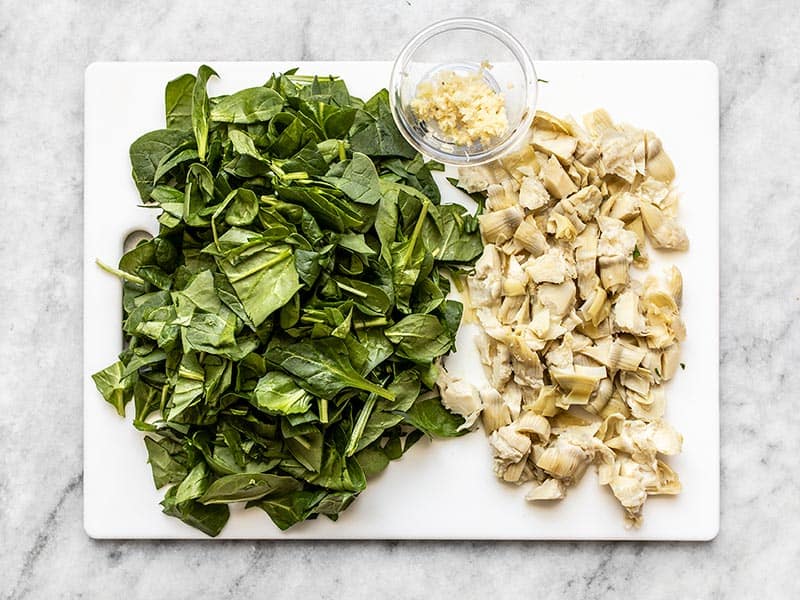 Chopped Spinach, Artichoke Hearts, and minced garlic