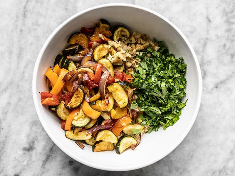 Ingredients for Roasted Vegetable Couscous in a bowl