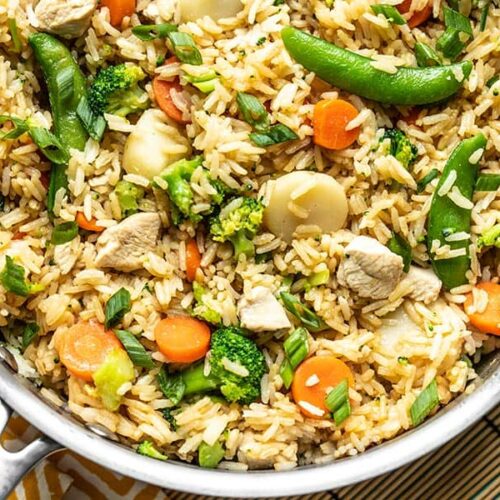 Close up of One Pot Teriyaki Chicken and Rice in the skillet.