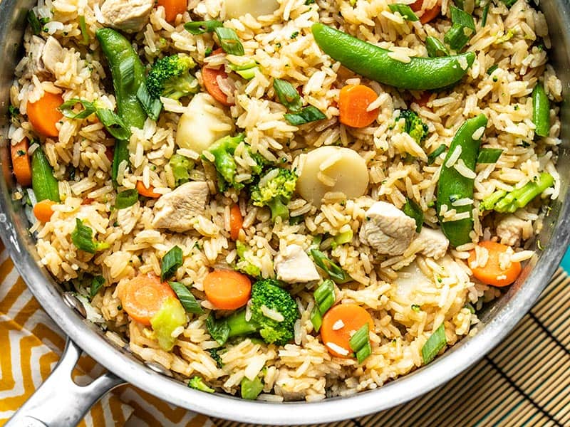 Close up of One Pot Teriyaki Chicken and Rice in the skillet.