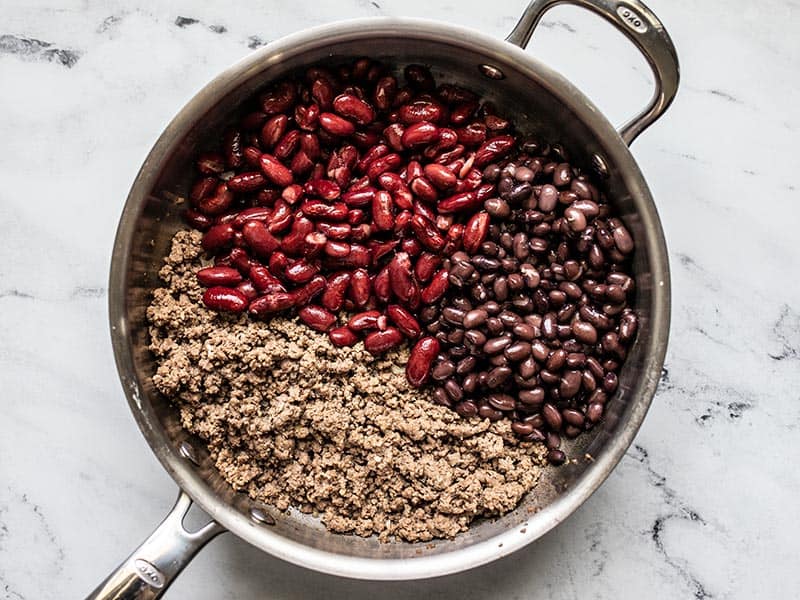 Rinsed beans in the skillet with the browned beef.