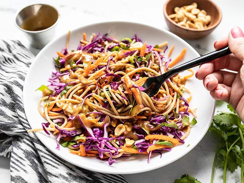 front view of a bowl with cold peanut noodle salad being eaten with a black fork.