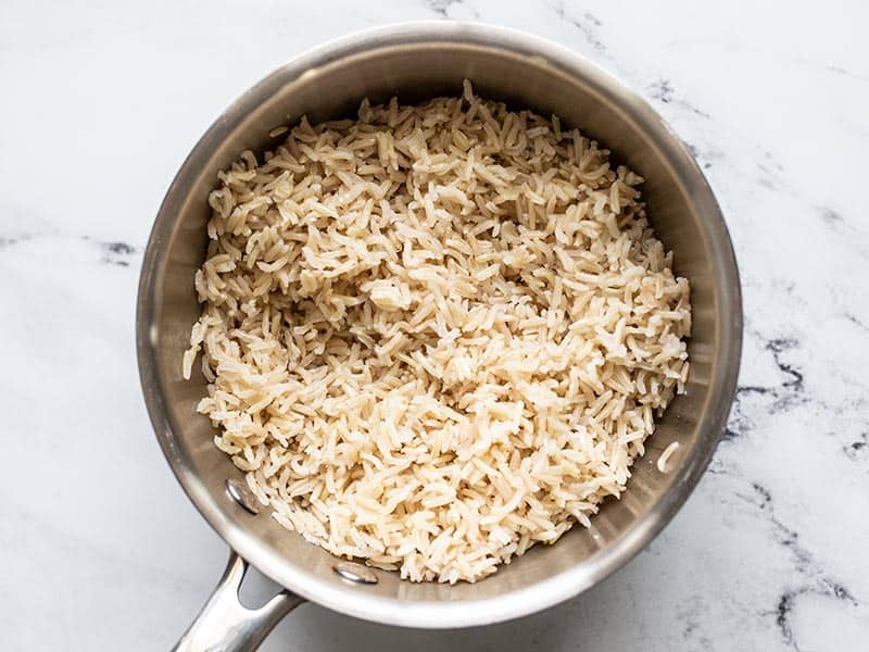 Cooked brown rice in the pot.