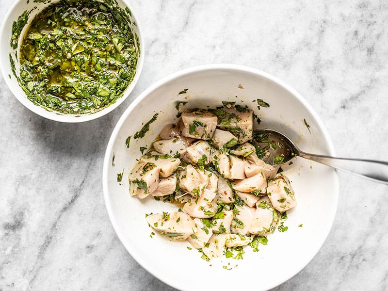 Diced chicken breast coated in chimichurri