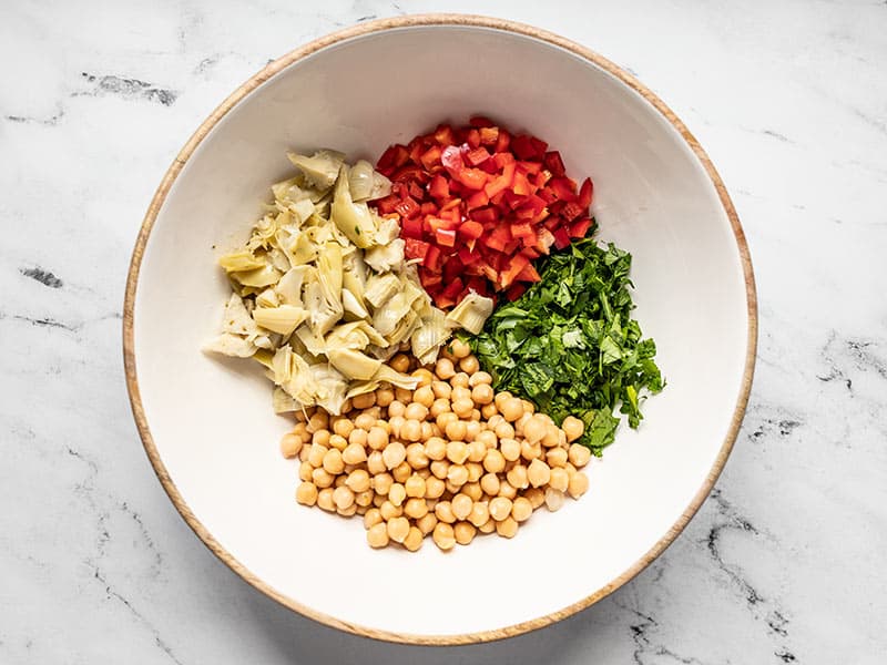 Chopped ingredients for salad in a large bowl