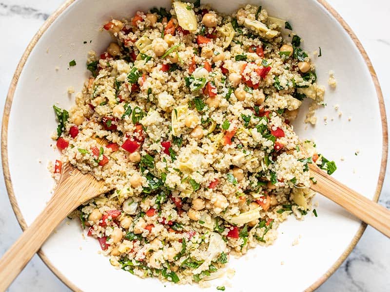 Close up of finished Lemony Artichoke and Quinoa Salad in the salad bowl