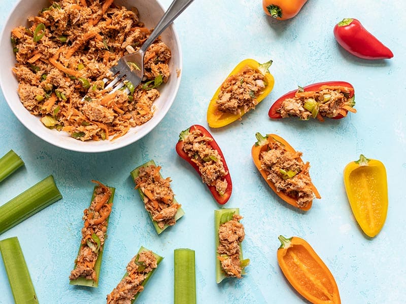 Sweet and Spicy Tuna Salad stuffed mini peppers and celery sticks