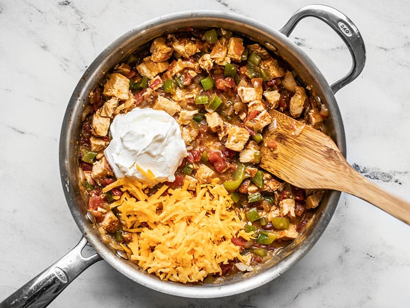 Sour cream and cheese added to the skillet