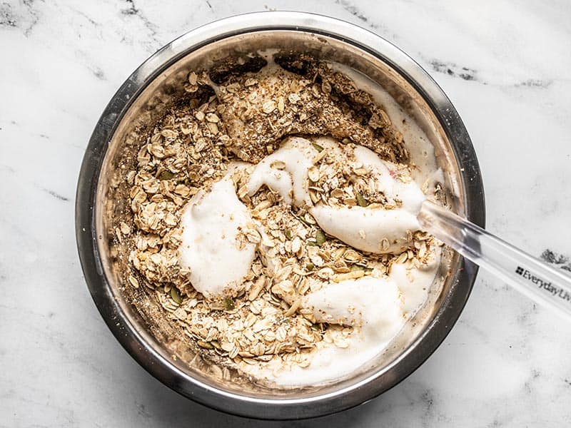 Combine aquafaba and granola dry ingredients