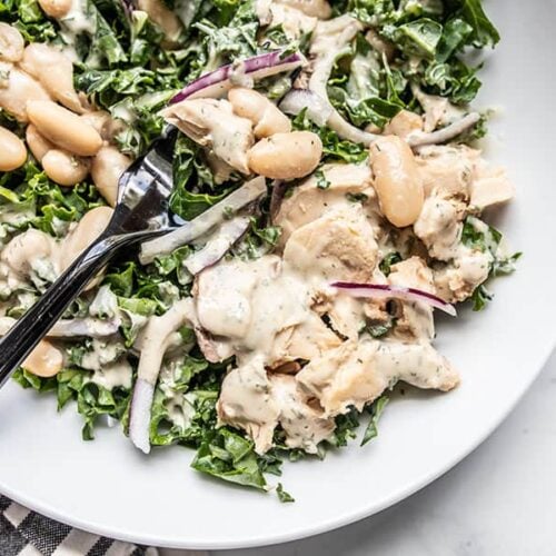 Close up of Lemon Dill Salmon and Kale Salad on a plate with a black fork