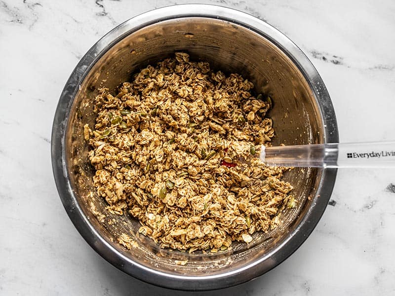 Super Crunchy Oil Free Granola mixed together in the bowl