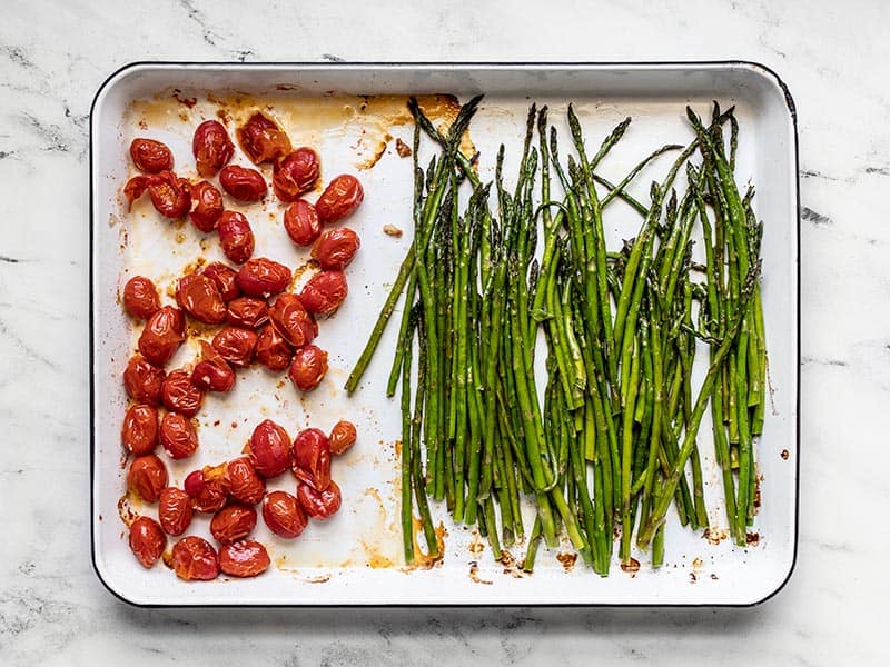 Asparagus and tomatoes after roasting for 20 minutes.