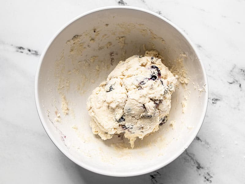 Blueberry biscuit dough finished in the bowl