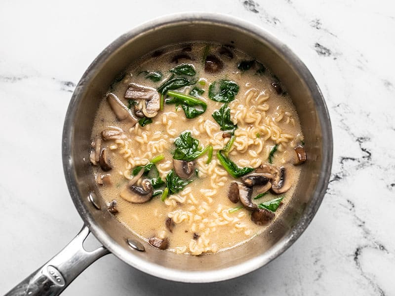 Finished vegan creamy mushroom ramen in the sauce pot