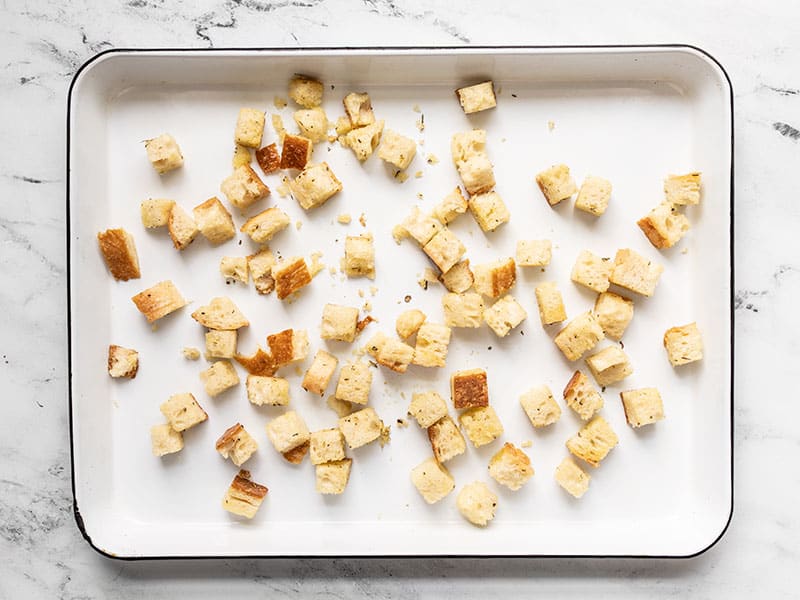 Homemade Croutons on the baking sheet ready to bake