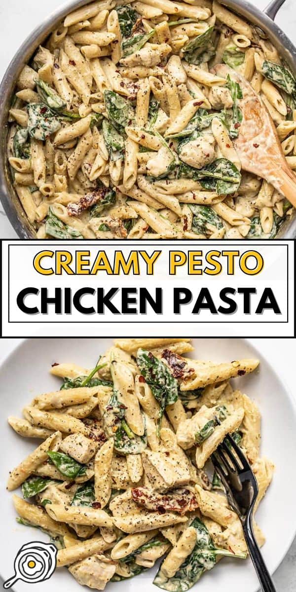 bowl of creamy pesto chicken pasta served on a plate with text overlay