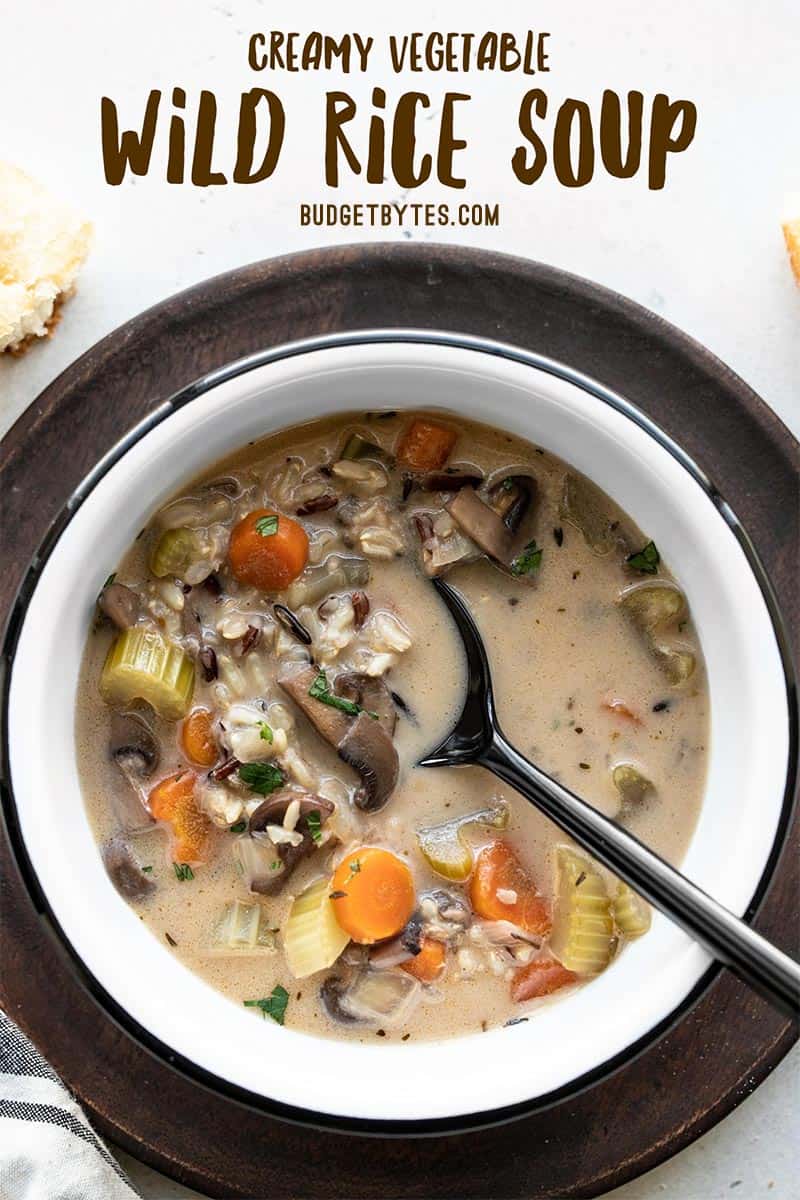 Overhead view of a bowl of creamy vegetable wild rice soup with title text at the top