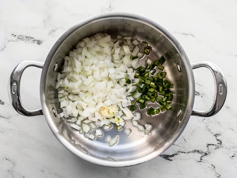 Diced onion, jalapeño, and minced garlic in the soup pot