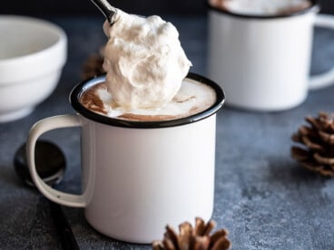 Side view of whipped cream being spooned onto a mug of hot chocolate.