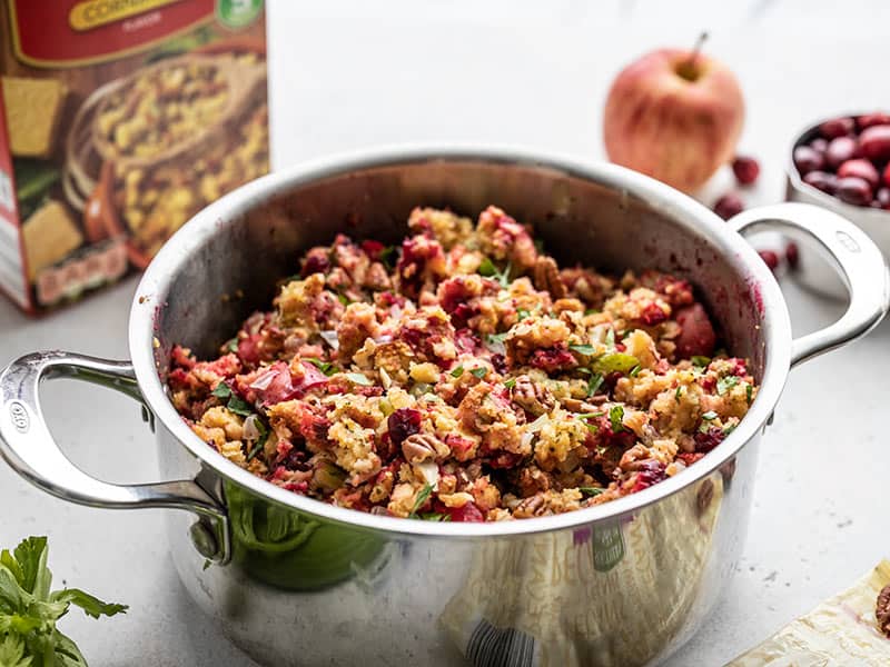 Side view of the Roasted Apple Cranberry Cornbread Stuffing in the pot