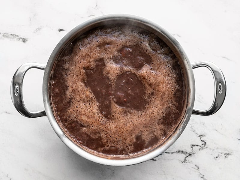 Simmered black bean soup in the soup pot