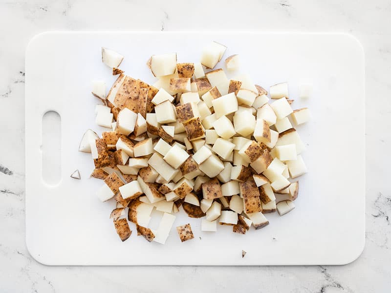 Diced Potatoes on cutting board