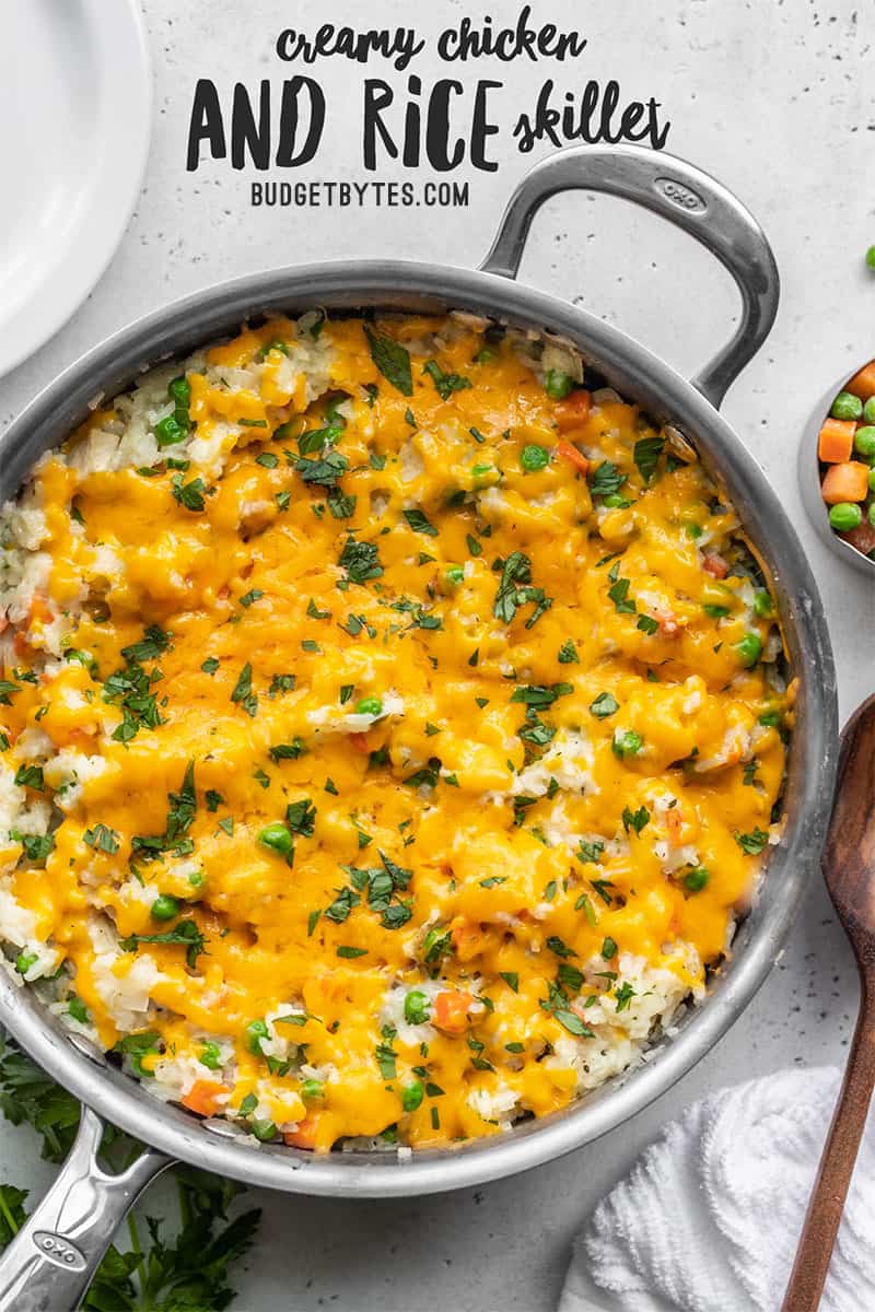 Overhead view of a skillet full of creamy chicken and rice topped with cheese and garnished with parsley. Title text at the top.