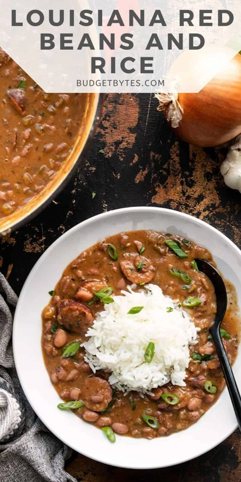 A bowl of red beans and rice with title text at the top