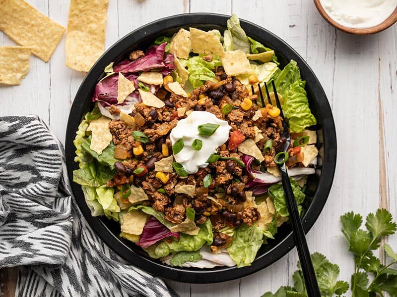 Turkey taco skillet used to make a taco salad