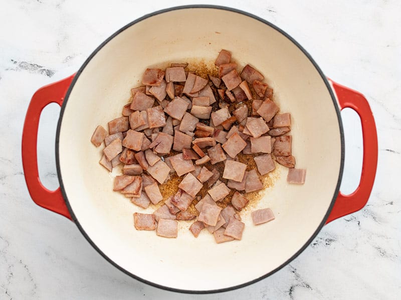 Browned ham in the soup pot