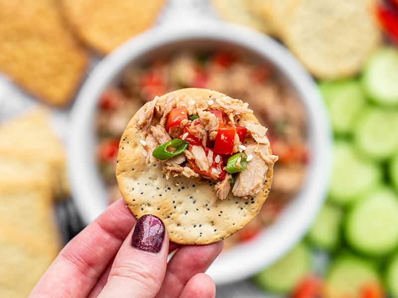 A cracker topped with sesame tuna salad held close to the camera