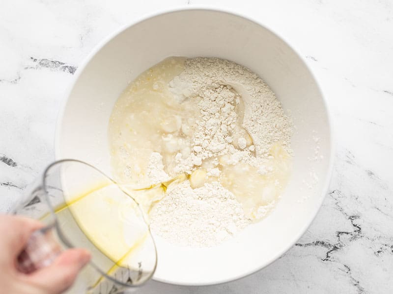 Pour wet ingredients into dry ingredients