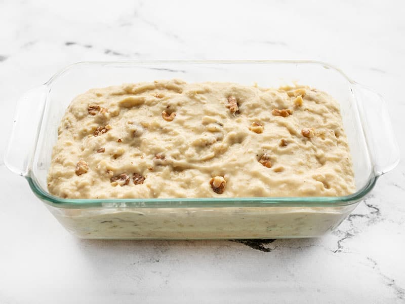 Banana Bread batter in loaf pan