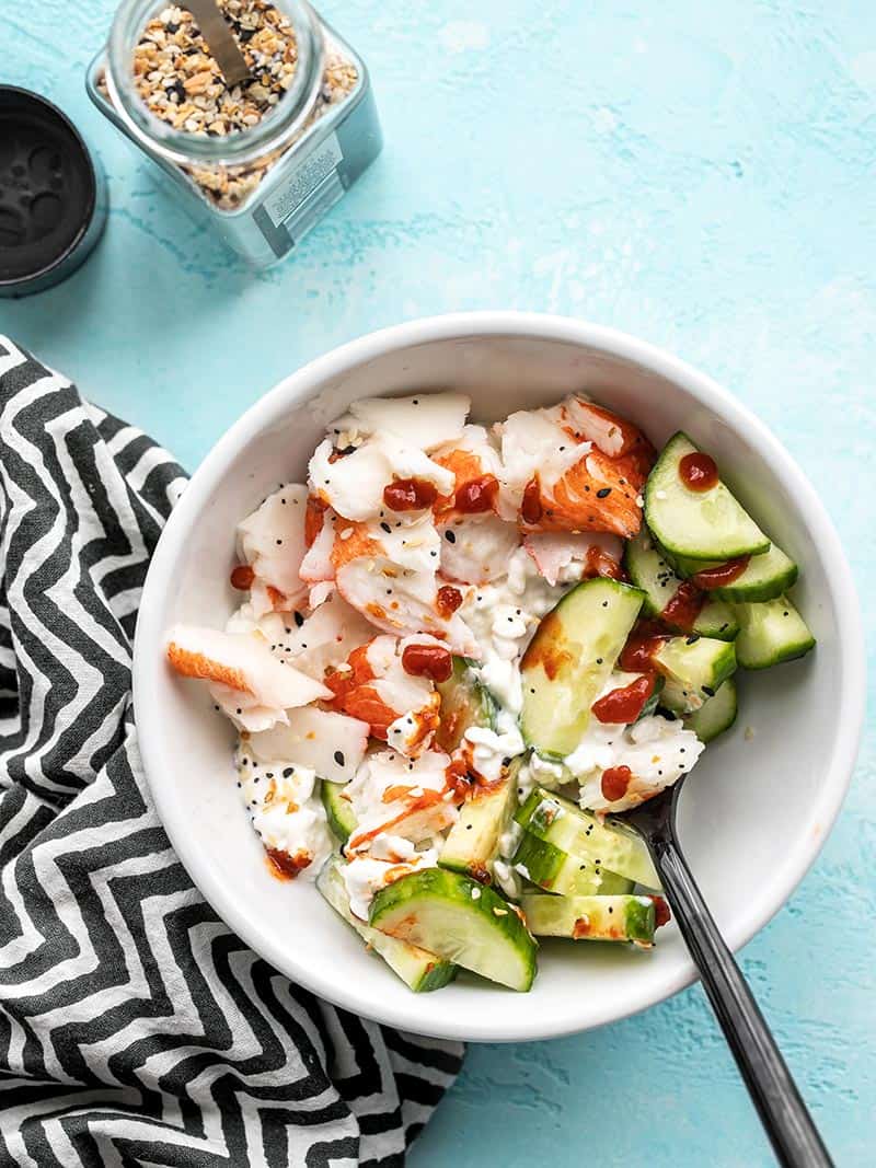 Finished Cottage Cheese Crab Bowl with a black fork in the side