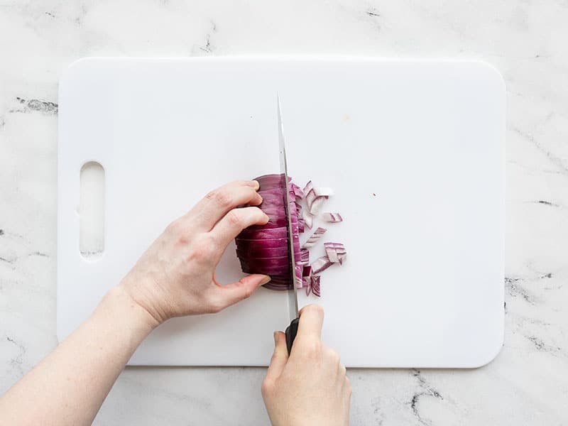 Red onion being diced