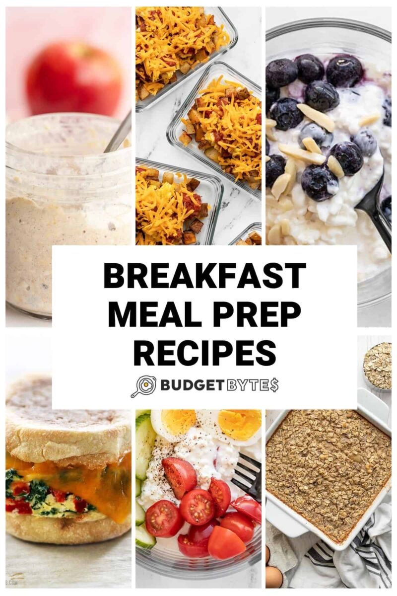 Collage of breakfast meal prep recipes with title text in the center.