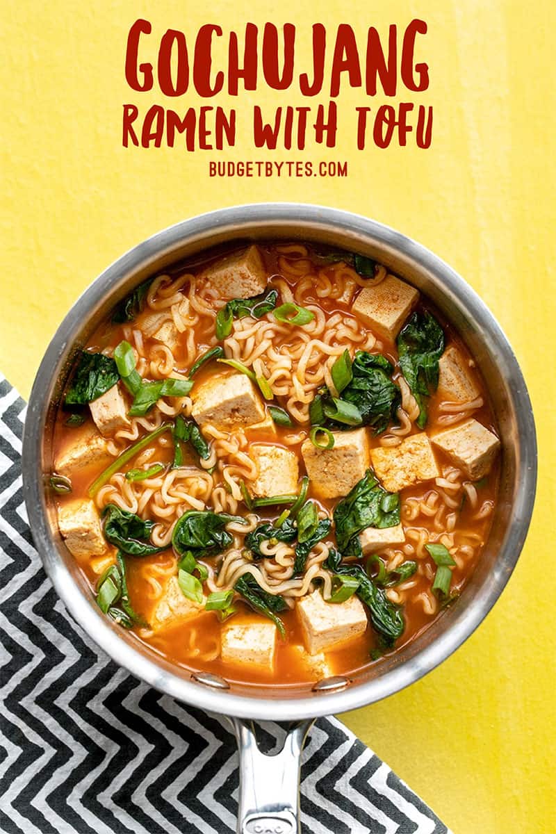 Gochujang ramen with tofu in the sauce pot, title text at the top