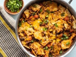 Close up overhead shot of beef taco skillet