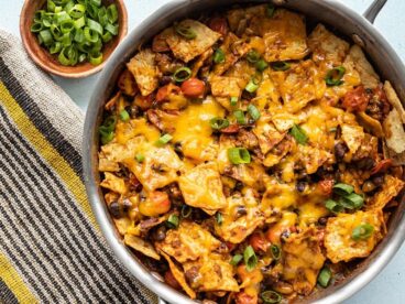 Close up overhead shot of beef taco skillet