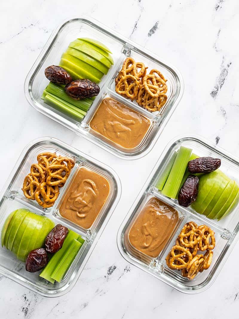 Three peanut butter lunch boxes in glass containers