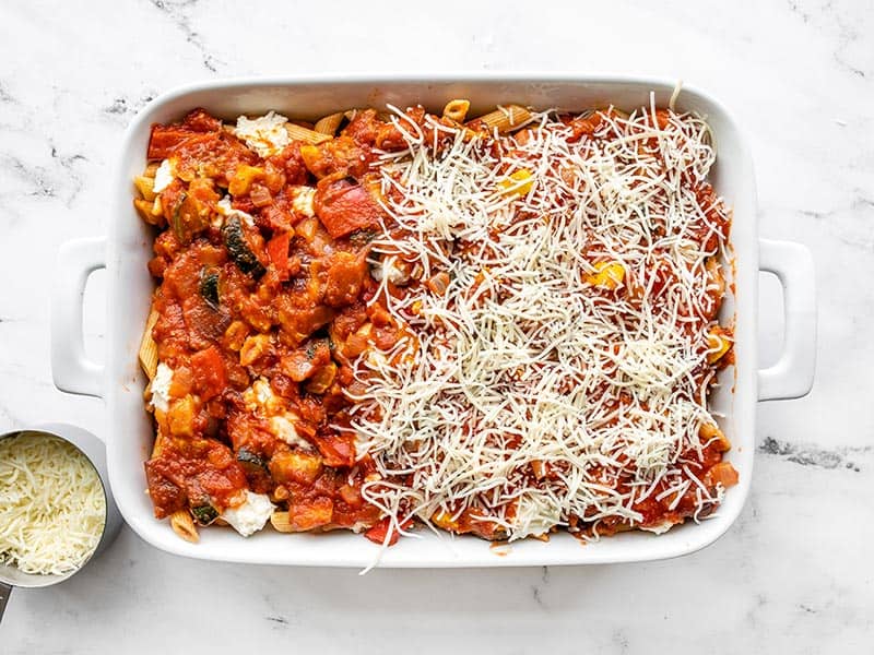 Second layers of baked penne in the casserole dish