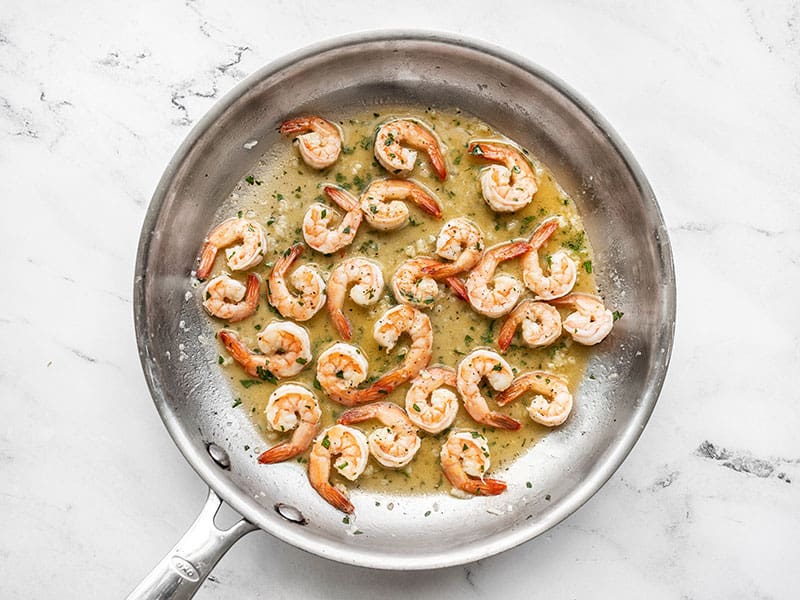 Finished Garlic Butter Shrimp in the skillet